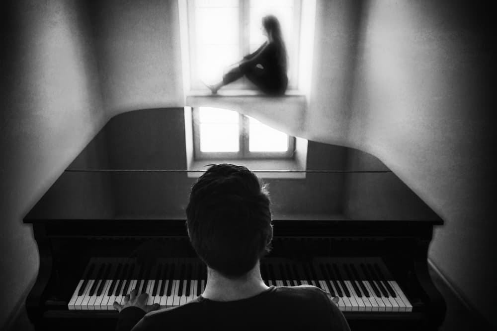 Melancholy Piano Reflection by Roswitha Schleicher-Schwarz — canvas wall art