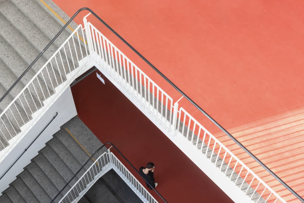 Overhead Red Staircase by Roswitha Schleicher-Schwarz — canvas wall art