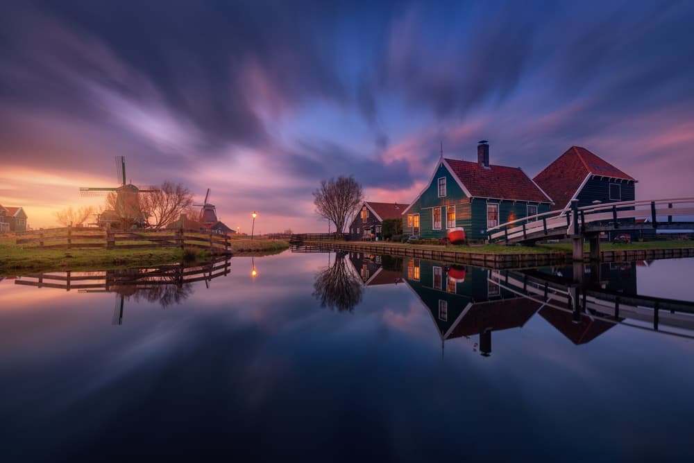 Dutch Windmill Village Twilight by Juan Pablo de Miguel — canvas wall art