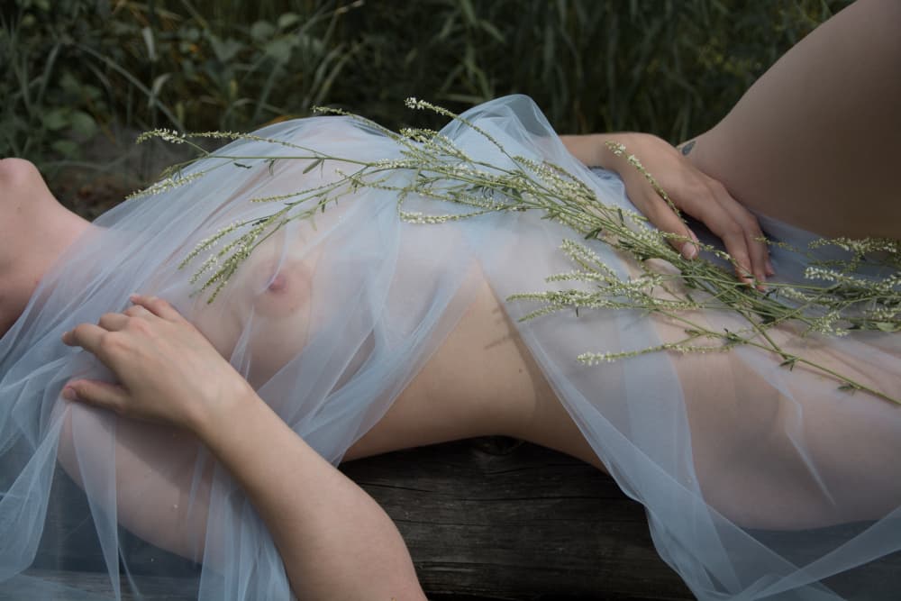 A naked girl lies on a lawn under a sheer fabric with flowers. by Alesia Mikhailova — canvas wall art