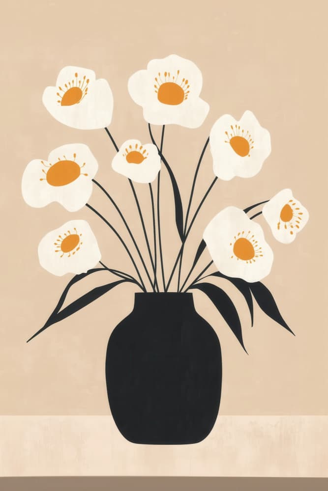 White Blooms Black Vase by Melloi Art Prints — canvas wall art