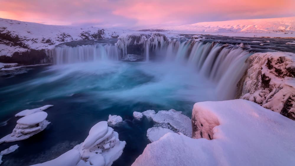 Winter Waterfall Glow by Annie Poreider — canvas wall art