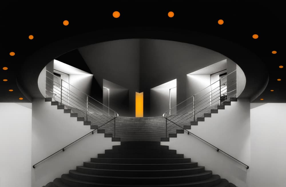 Symmetrical Orange Staircase by Hans-Wolfgang Hawerkamp — canvas wall art