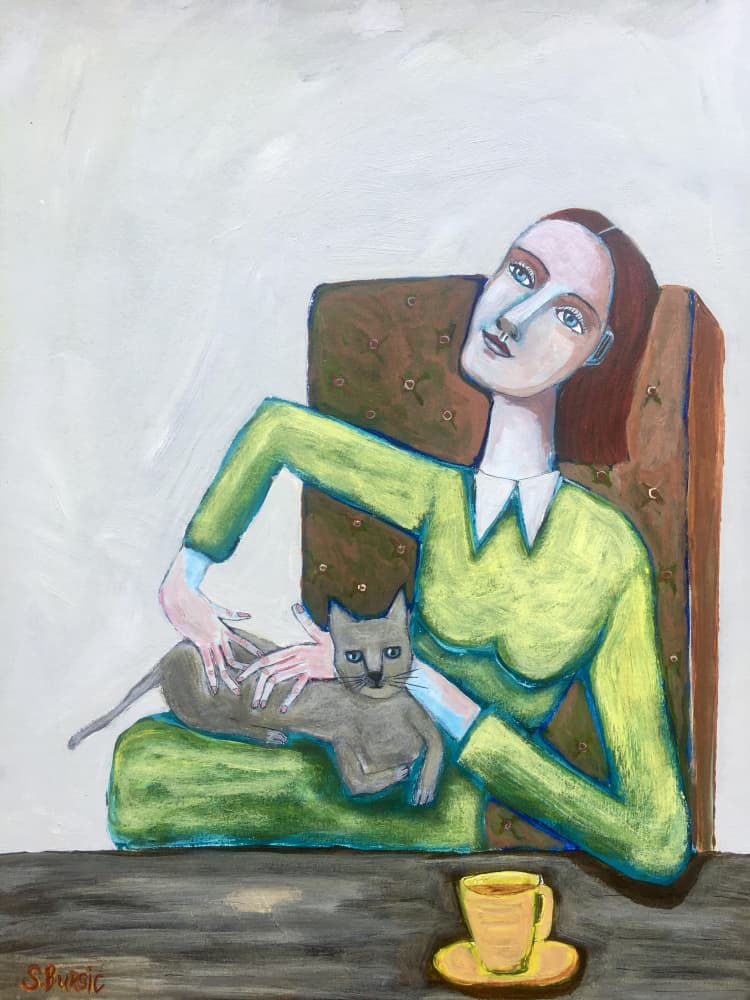 Woman Petting Gray Cat by Sharyn Bursic — canvas wall art