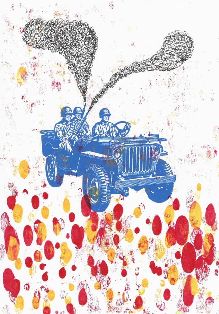 Blue Jeep Conflict Scene by Santhosh ch — canvas wall art