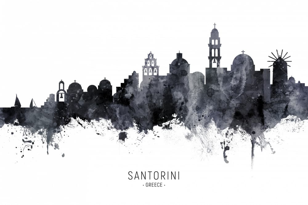 Watercolor Santorini Skyline by Michael Tompsett — canvas wall art