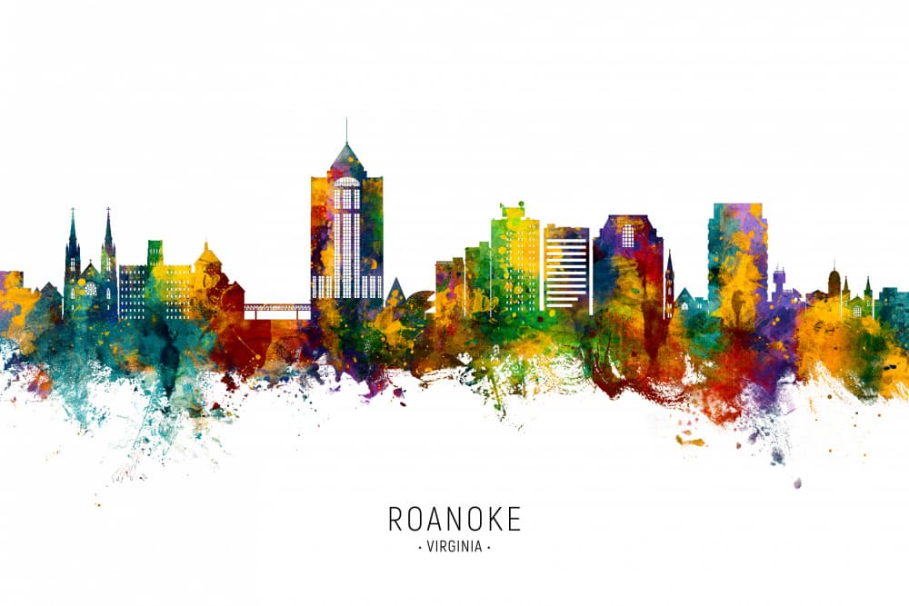 Roanoke Watercolor Skyline by Michael Tompsett — canvas wall art