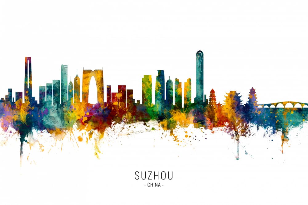 Suzhou Skyline Watercolor by Michael Tompsett — canvas wall art