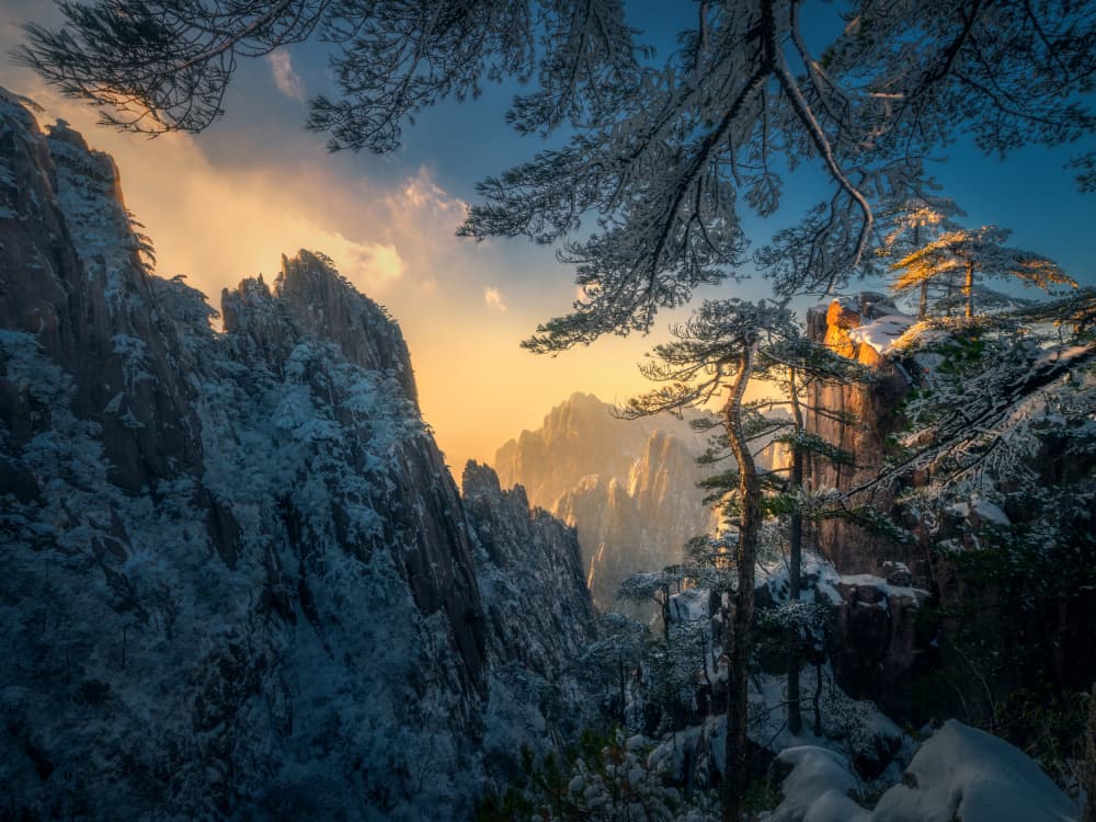Snowy Peaks Golden Light by NingYun Ye — canvas wall art