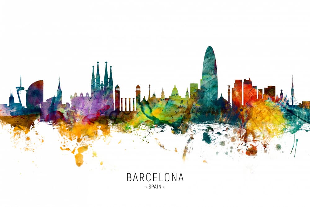 Barcelona Watercolor Skyline by Michael Tompsett — canvas wall art