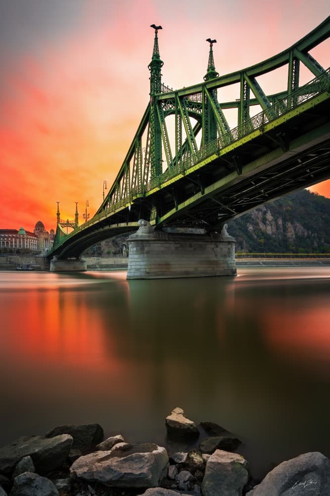 Liberty Bridge Sunset Reflections by Elaad Zolberg — canvas wall art