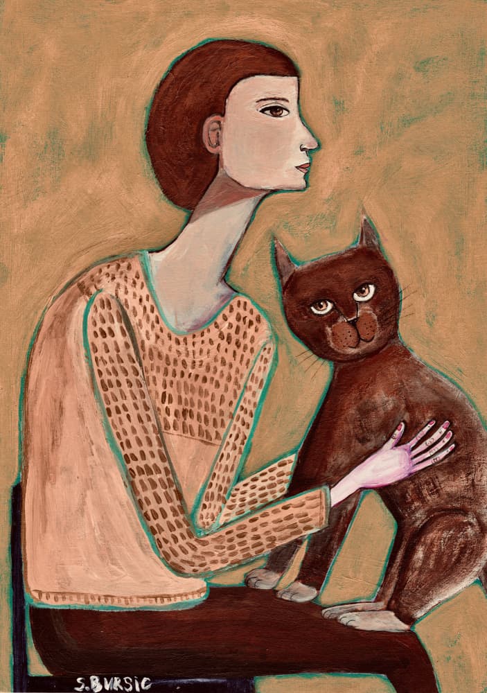 Stylized Woman and Cat by Sharyn Bursic — canvas wall art