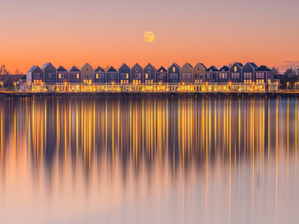 Moon Over Waterfront Homes by Bingo Z — canvas wall art