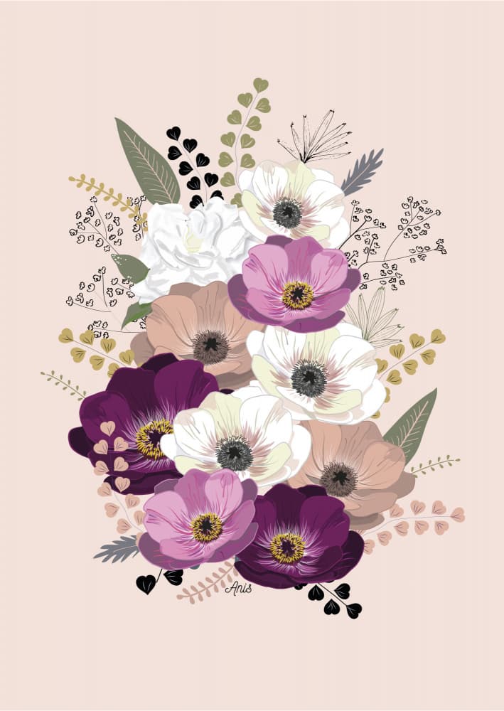 Anemones Floral Bouquet Pastel Pink by Anis Illustration — canvas wall art