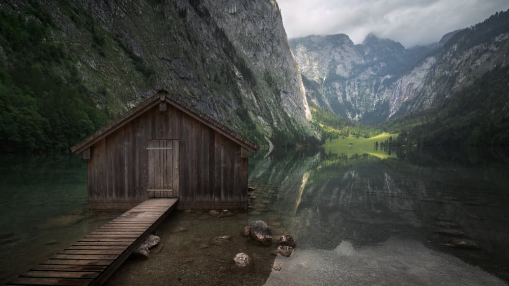 Mountain Lake Boathouse by Juan Romero Salamanca — canvas wall art
