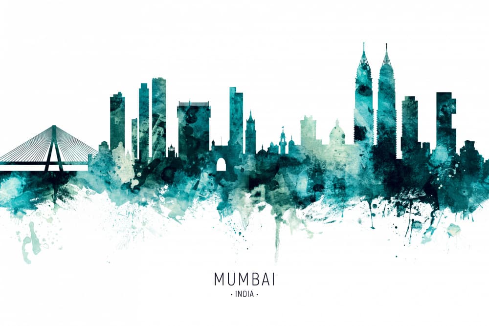 Teal Mumbai Skyline by Michael Tompsett — canvas wall art