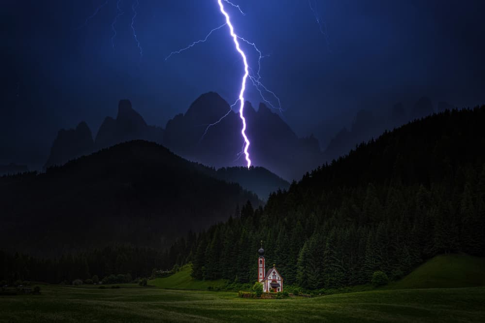 Lightning Over Mountain Church by Ti Wang — canvas wall art