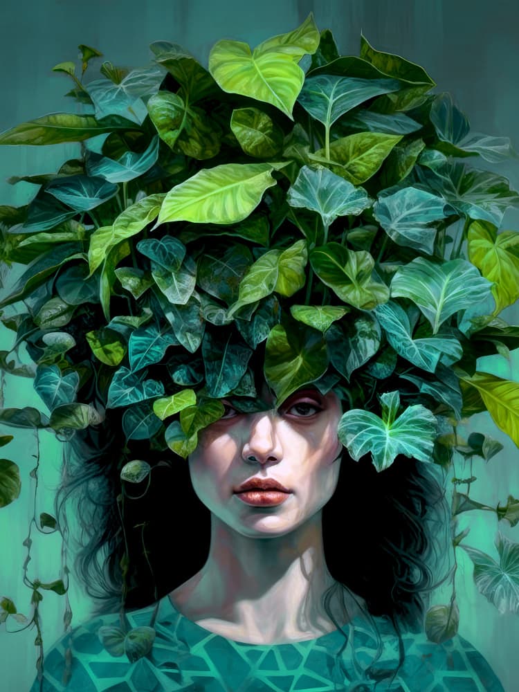 Green Leaf Crown Portrait by Justyna Jaszke — canvas wall art