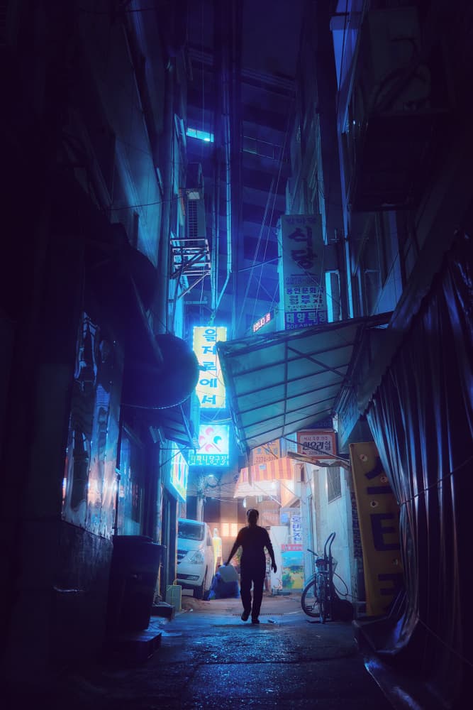 Neon Alley Night Walk by Alberto Urra — canvas wall art