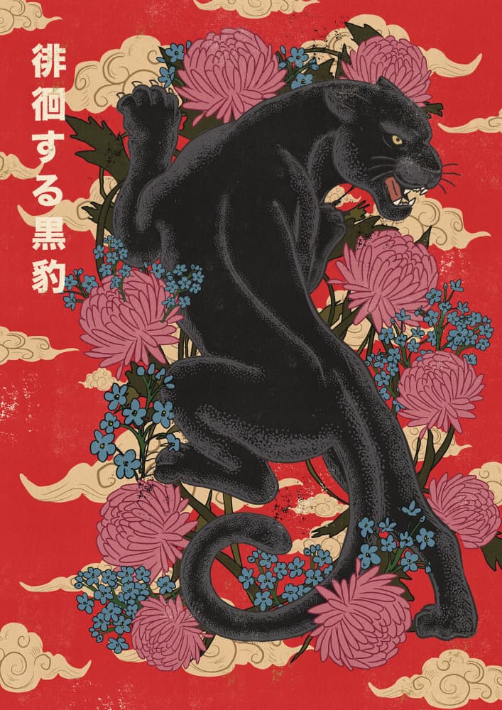 Black Panther Japanese Blooms by Nicholas — canvas wall art
