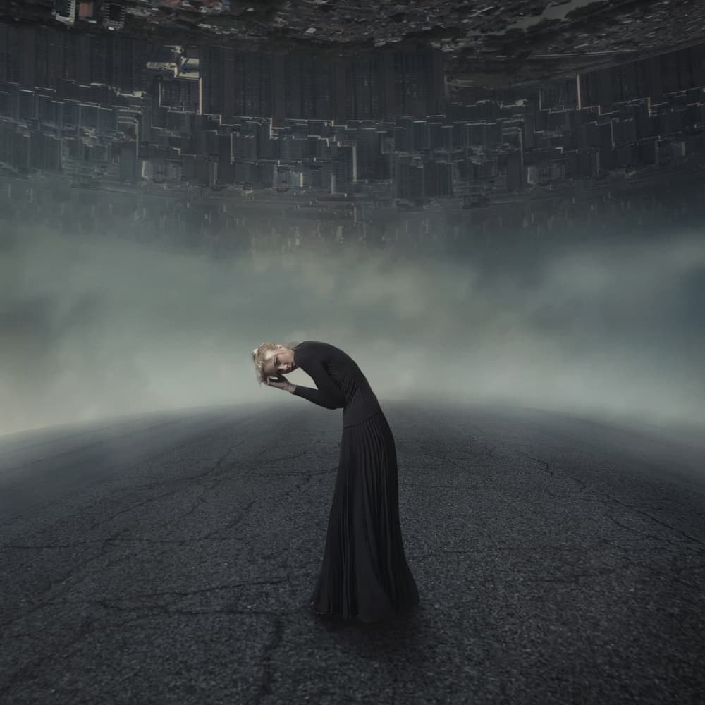 Woman Under Inverted City by hardibudi — canvas wall art