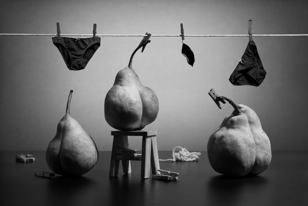Whimsical Underwear Pears by Victoria  Glinka — canvas wall art