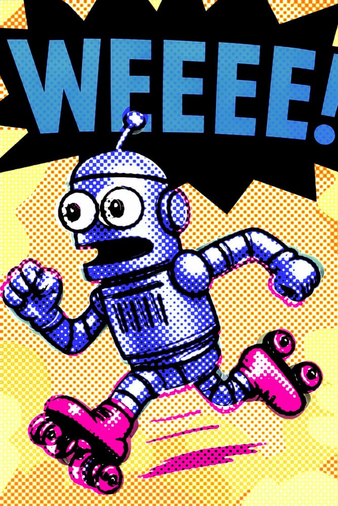 Blue Robot Roller Skates by ERM — canvas wall art