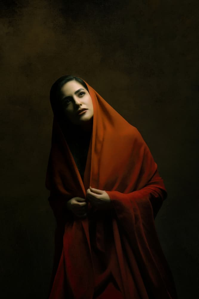 Contemplative Red Portrait by Moein Hasheminasab — canvas wall art
