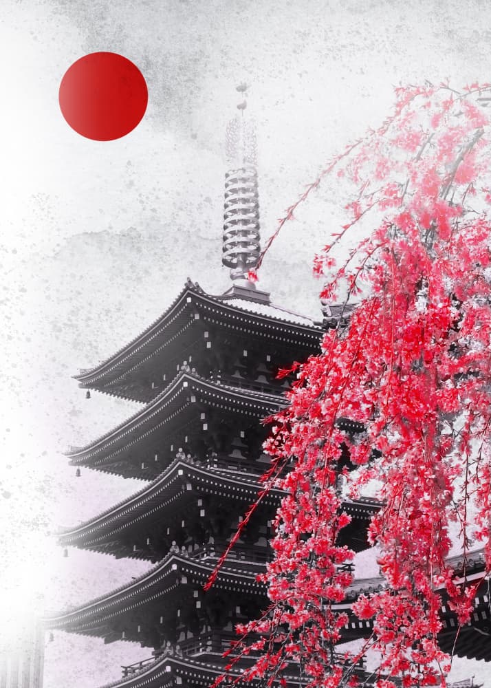 Japanese Pagoda Cherry Blossoms by Ariz Rab — canvas wall art