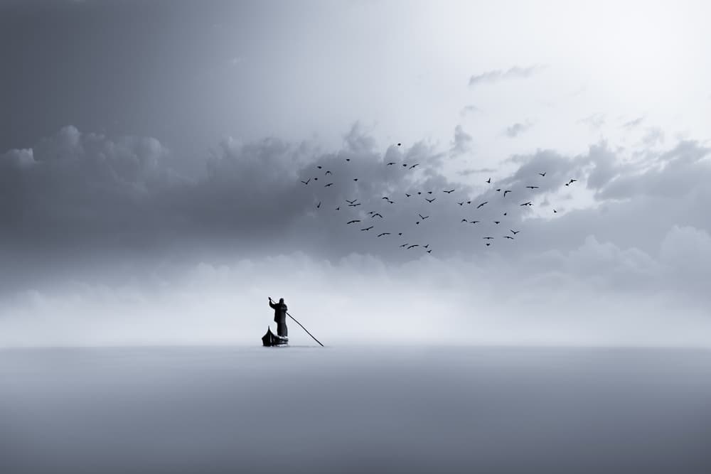 Solitary Boatman Foggy Waters by Mohammed Sattar — canvas wall art