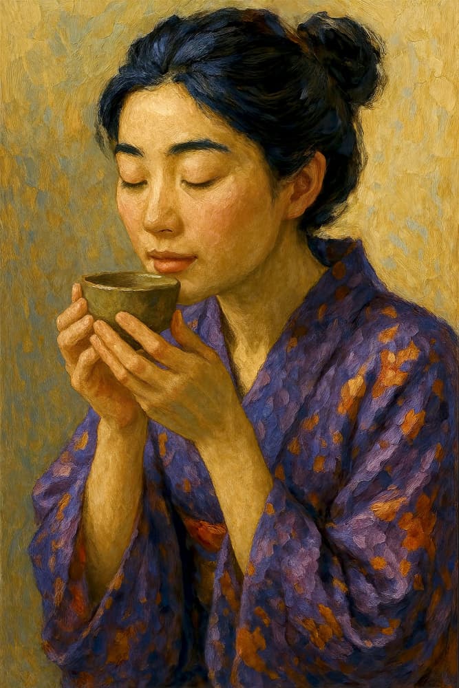 Japanese Woman Savoring Tea by Natalie Bruns — canvas wall art