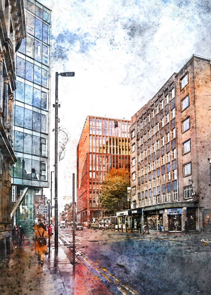 Watercolor City Street by Justyna Jaszke — canvas wall art