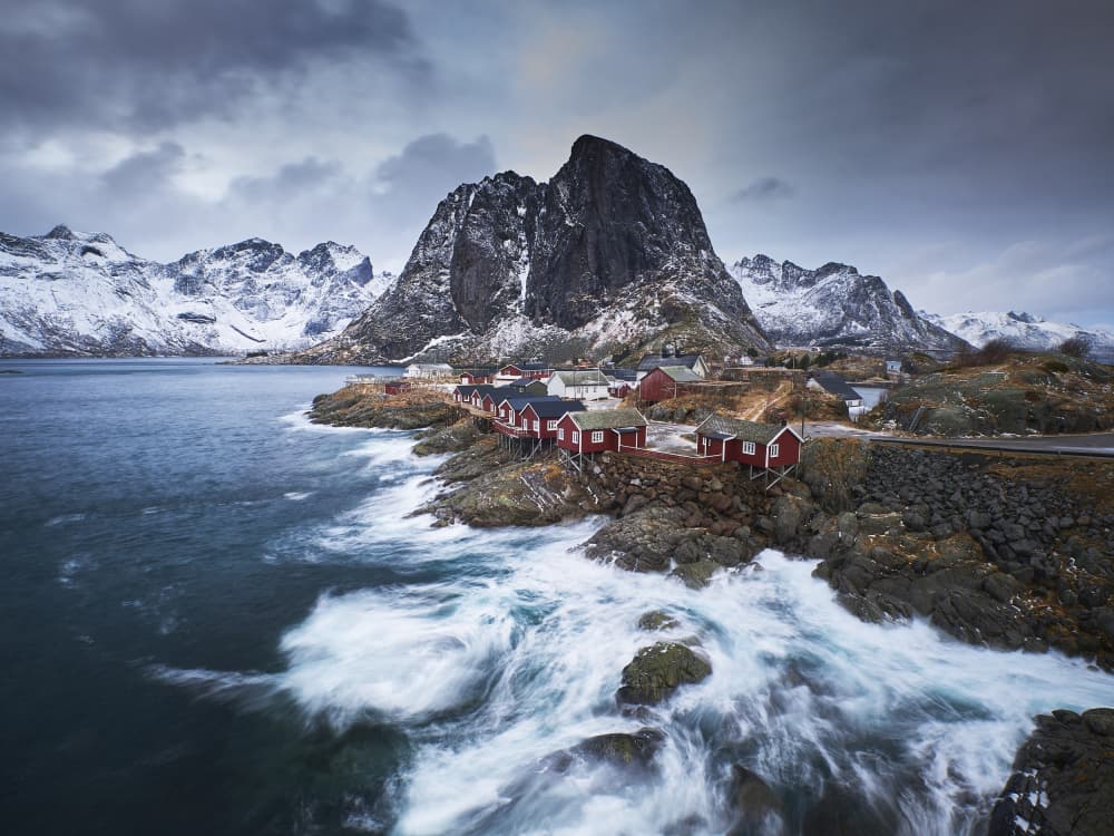 Red Cabins Winter Coast by Hamed Bank — canvas wall art