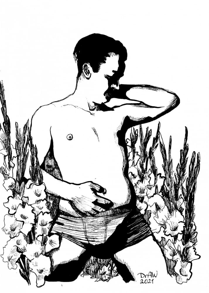 Contemplative Man With Flowers by . DrAW . — canvas wall art