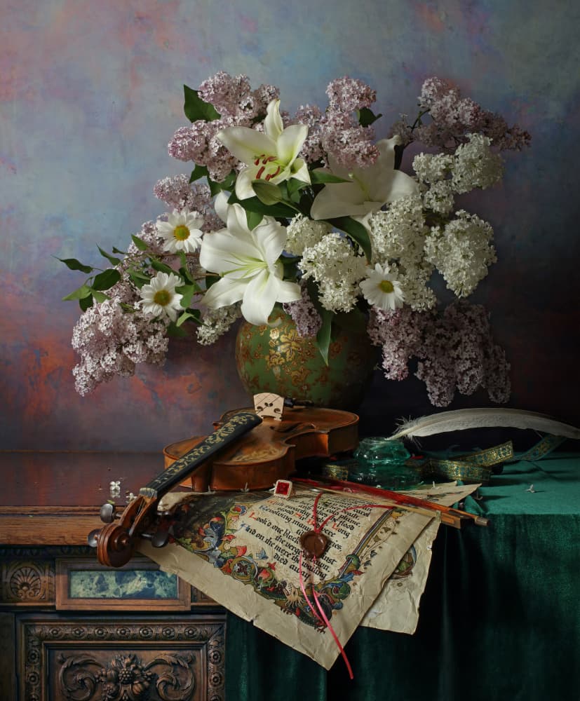 Still life with violin and flowers by Andrey Morozov — canvas wall art