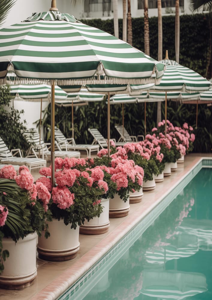 Pink Flowers Pool Umbrellas by Talitha McQueen — canvas wall art