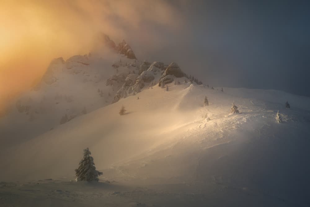 Winter Mountain Golden Glow by Anghel Rusu — canvas wall art