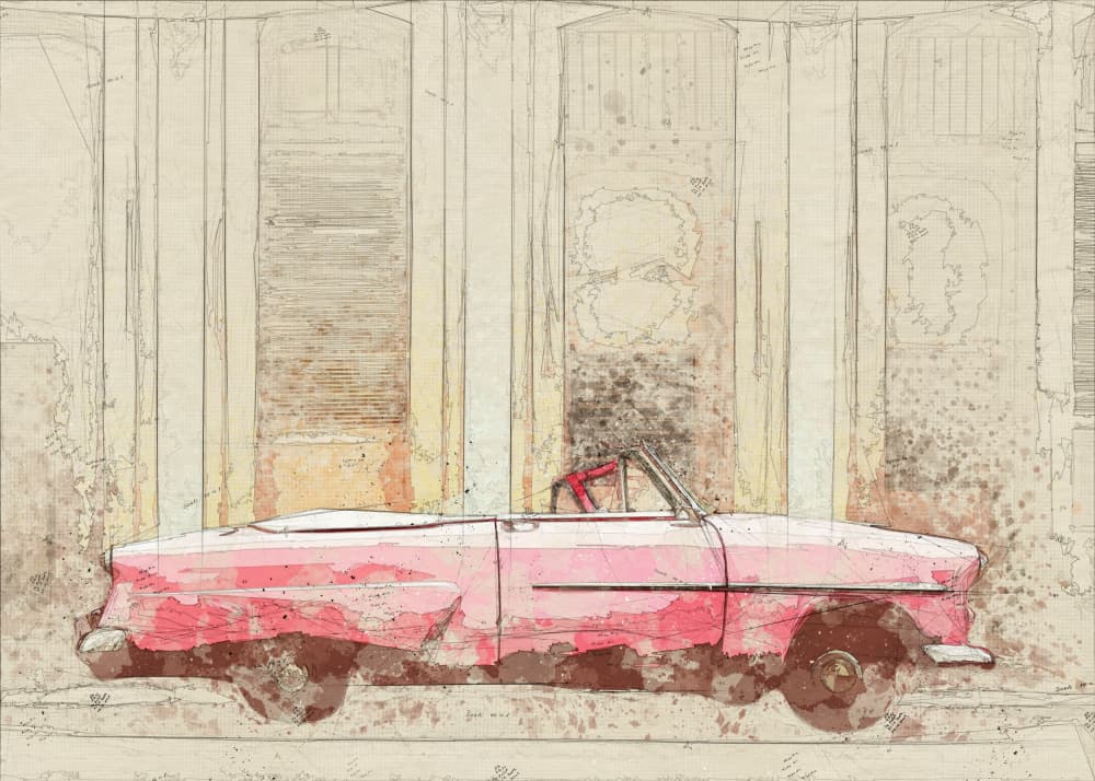 Vintage Pink Convertible Sketch by Lembayung senja studio [Vintage Poster] — canvas wall art