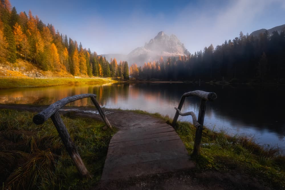 Autumn Mountain Lake Path by Yongnan Li （李永男） — canvas wall art