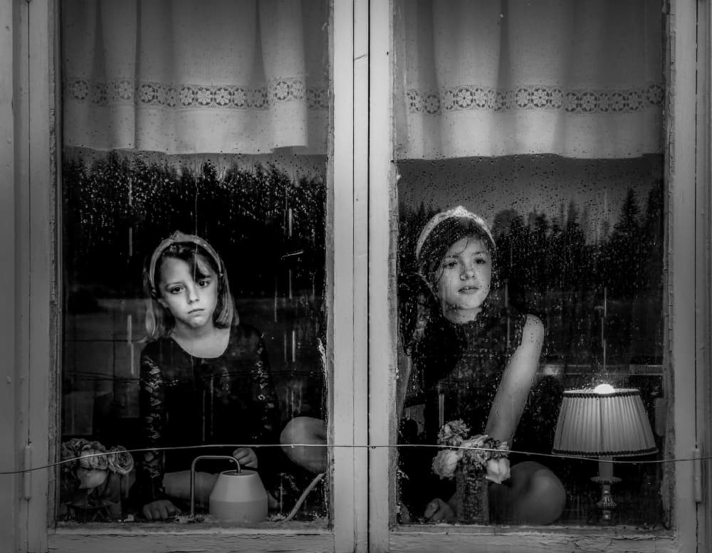 Girls At Rainy Window by Delphine Margau — canvas wall art