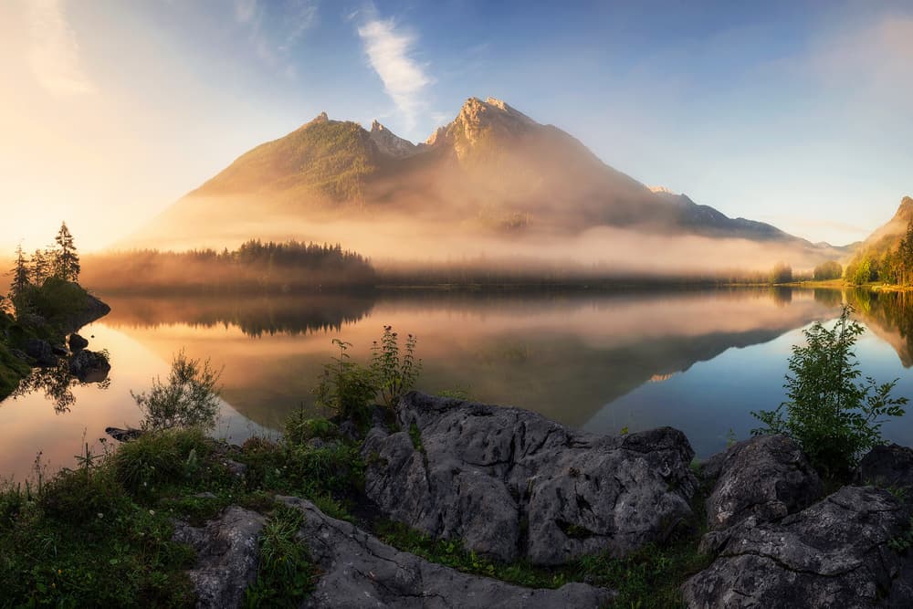 Misty Mountain Lake Sunrise by Daniel Gastager — canvas wall art