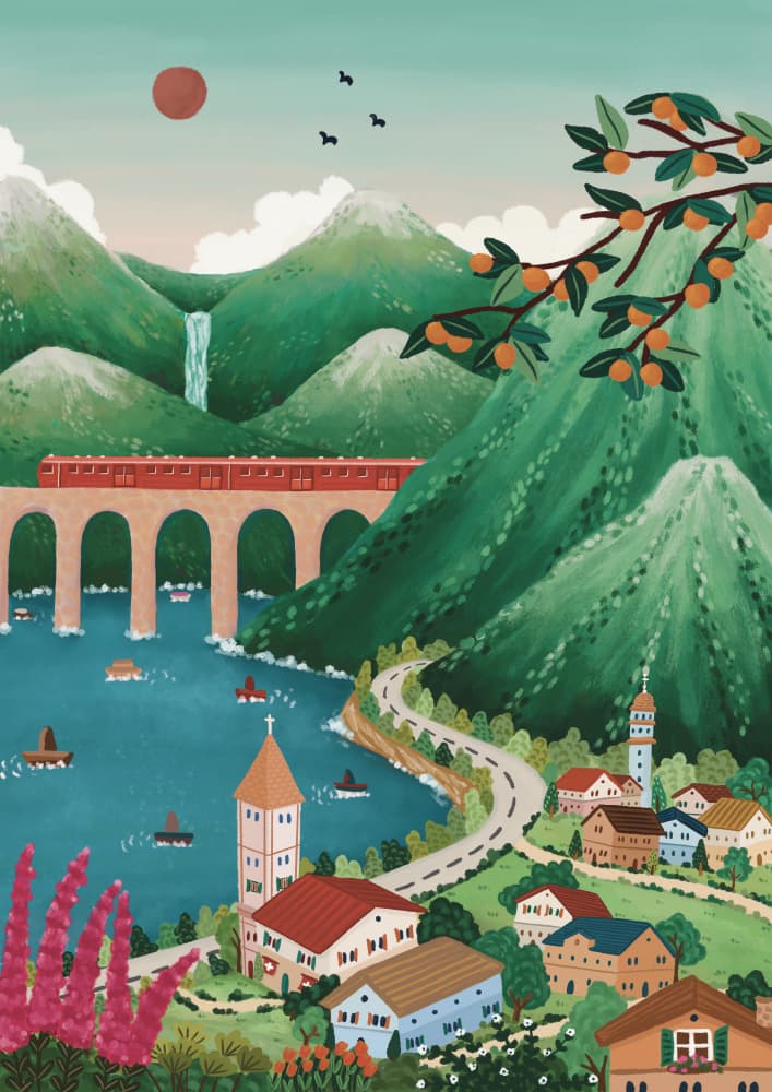 Idyllic Mountain Lake Train by Nidhi Kachhadiya — canvas wall art