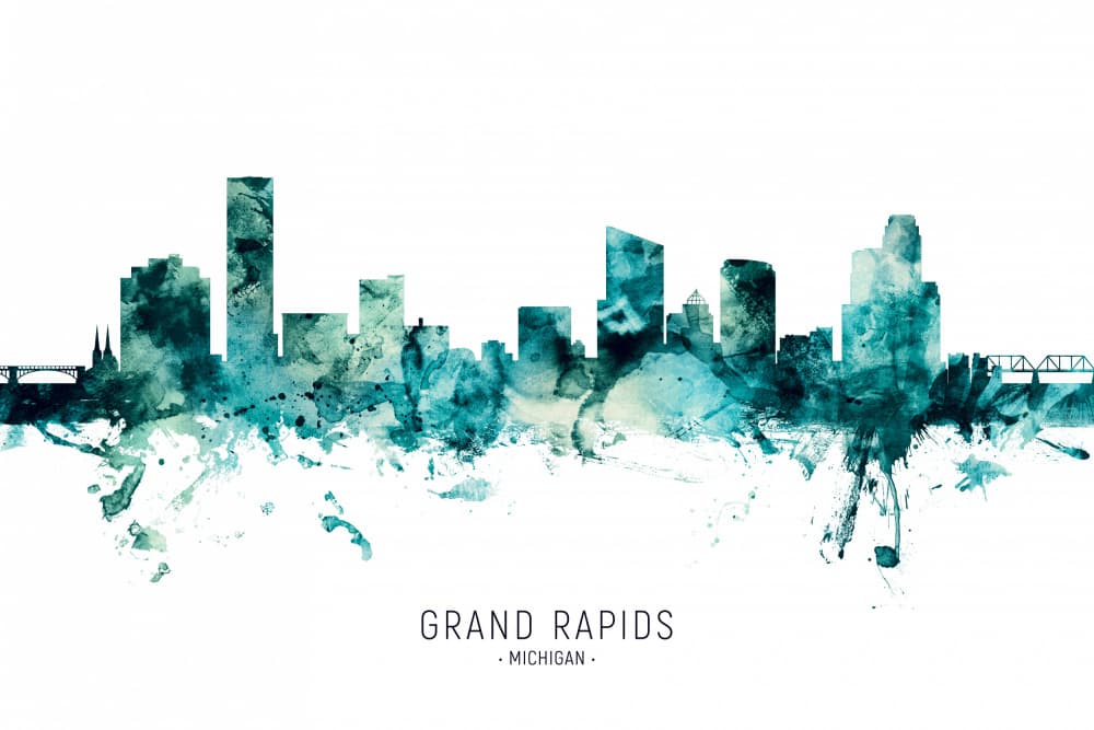 Grand Rapids Skyline Watercolor by Michael Tompsett — canvas wall art