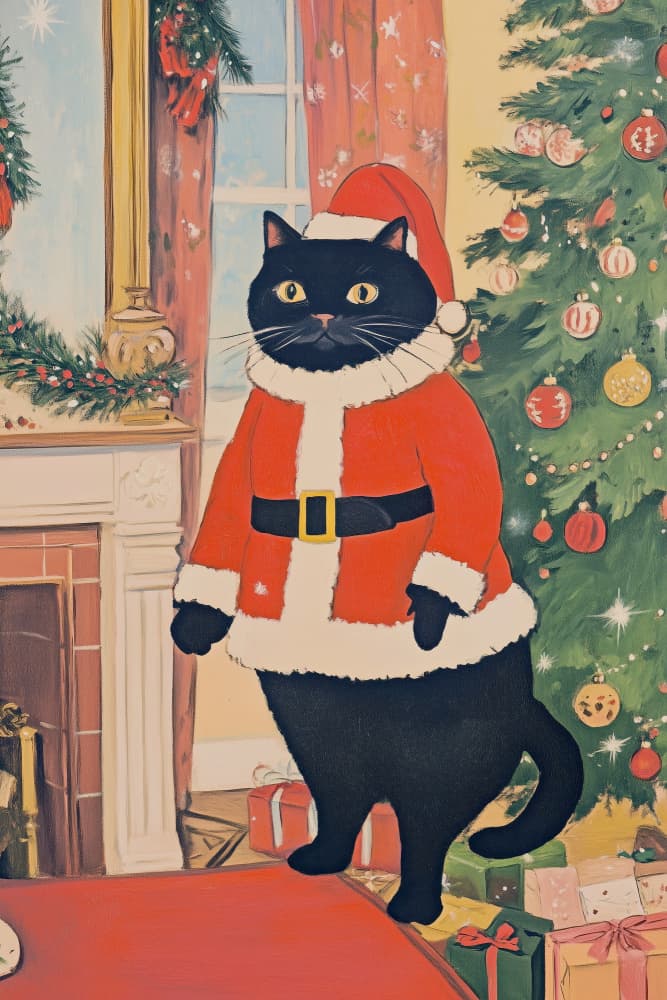 Black Cat Santa by Melloi Art Prints — canvas wall art