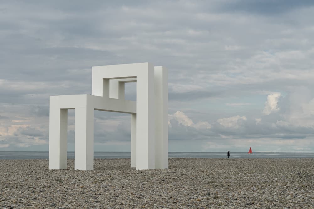 Minimalist Beach Sculpture by Luc Vangindertael (laGrange) — canvas wall art