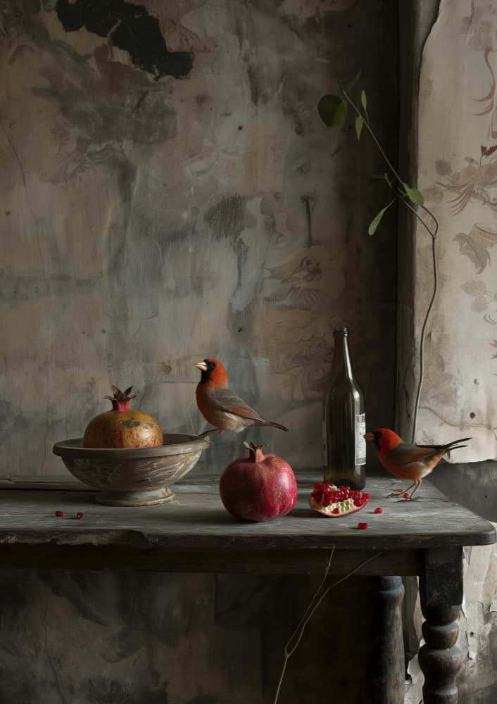 Pomegranates and Birds Still Life by Niky Rahner — canvas wall art