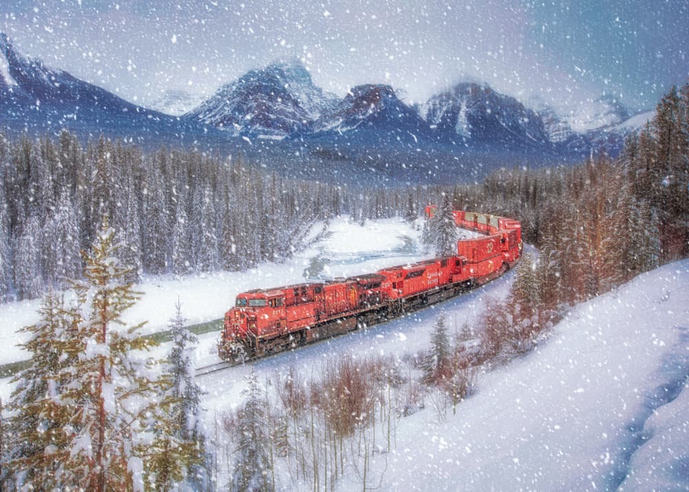 Red Train Snowy Mountains by Leechee Z — canvas wall art