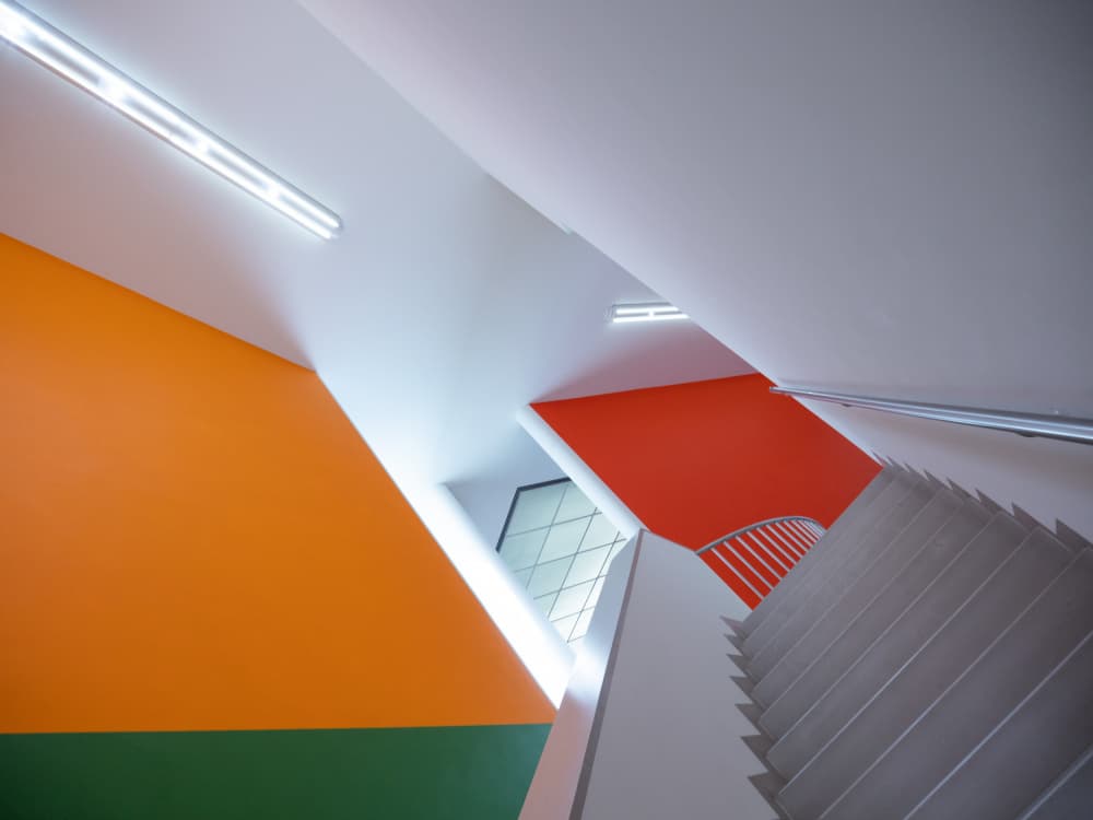 Vibrant Geometric Stairwell by Kilian CabGuy — canvas wall art
