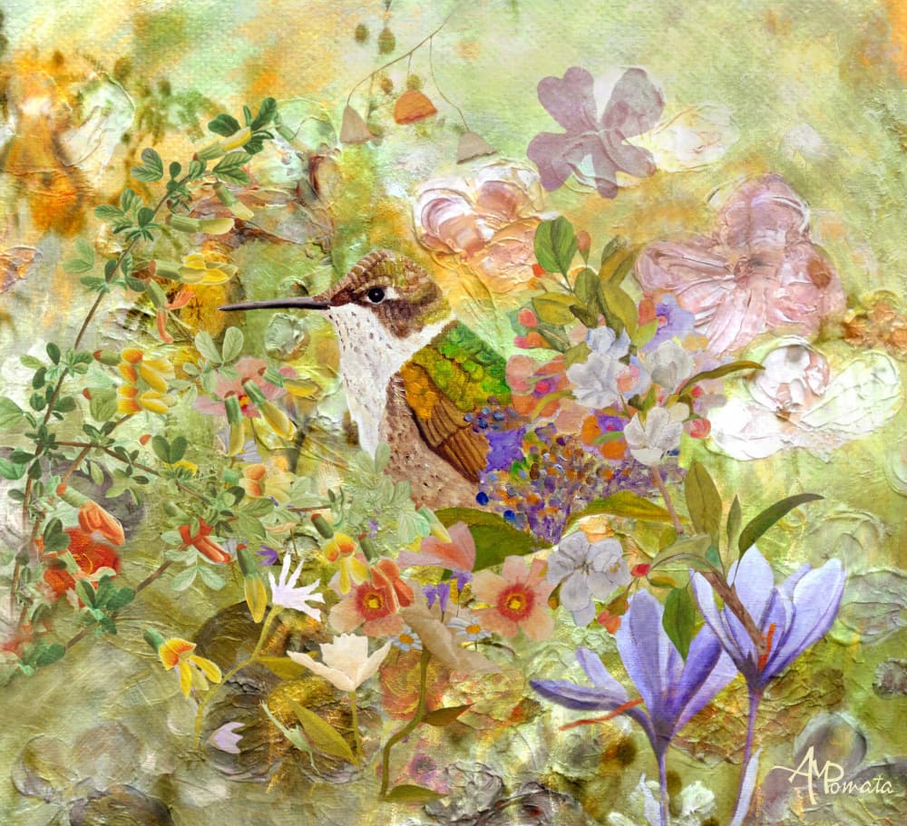 Hummingbird Garden Flowers by Angeles M. Pomata — canvas wall art