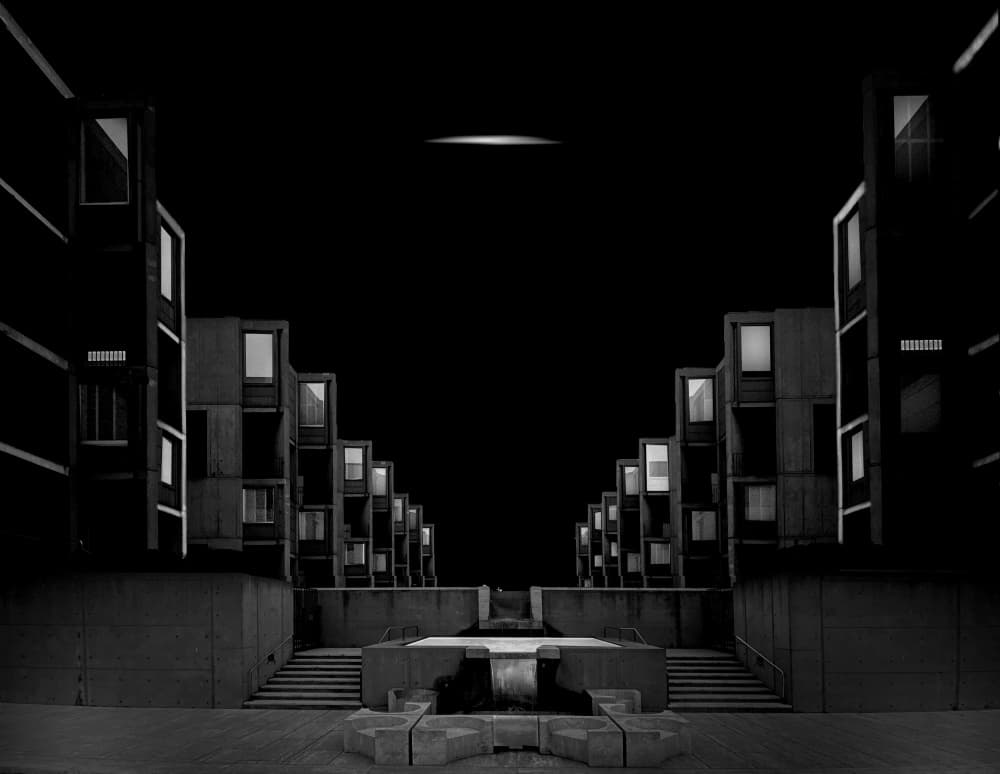 Brutalist City Night UFO by Jiahong Zeng — canvas wall art